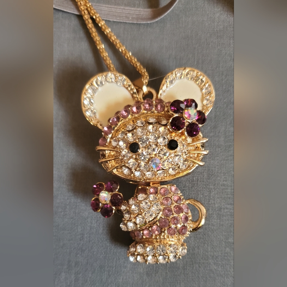 Gold-Tone Pink Crystal Cat Pendant Necklace